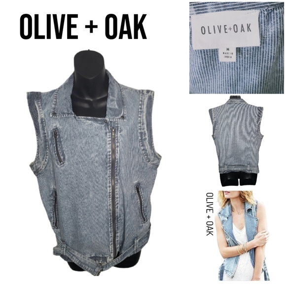 OLIVE + OAK ACID WASH DENIM MOTO VEST - Picture 2 of 6